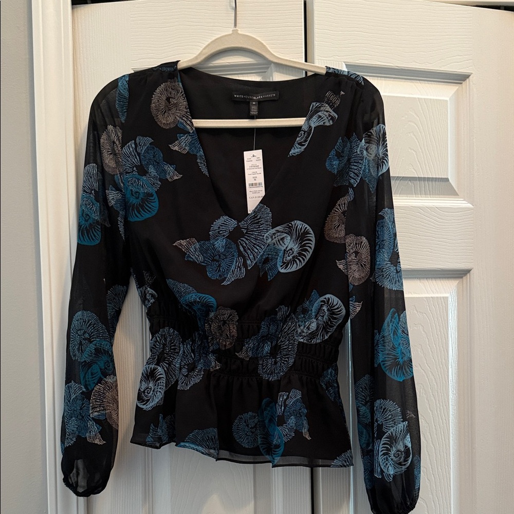 White House Black Market Black Top with Blue and Gray Patterns